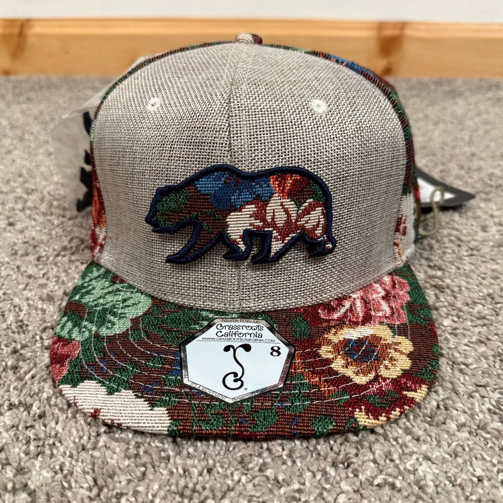 Grassroots California Removable Bear Vintage Bouquet Tan Fitted Hat - Size 8